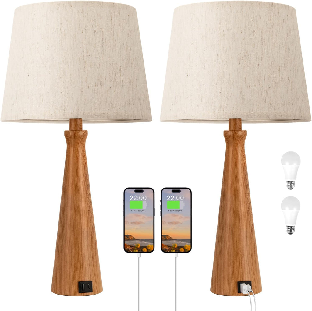 Modern Touch Table Lamps for Living room Set of 2（Imitated Wood Base）
