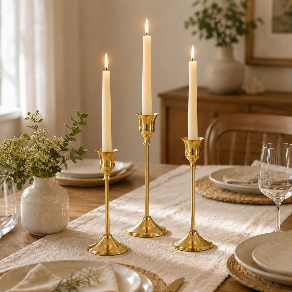 12Pcs Brass Gold Metal Taper Candle Holders, Candlestick Holders, Vintage Modern Decorative Centerpiece Candlestick Holders for Table Mantel Wedding Housewarming Gift