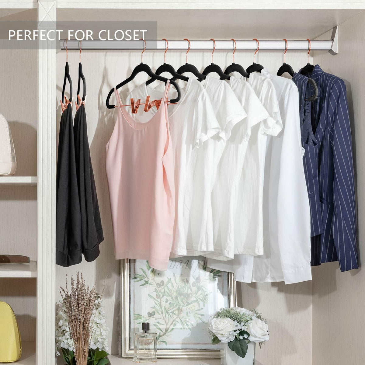 MIZGI Premium Velvet Pants Hangers with Clips (Pack of 20) Slim Skirt Hangers- Non Slip Felt Outfit Dress Hangers Black - Copper/Rose Gold Hooks,Space Saving Shirt Clothes Hangers