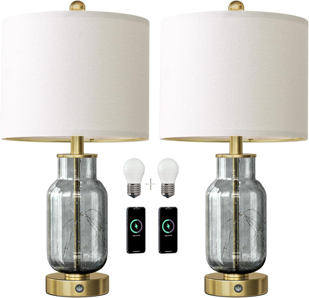 Oneach 22" Glass Table Lamps Set of 2 with LED Nightlight for Bedroom, Gray