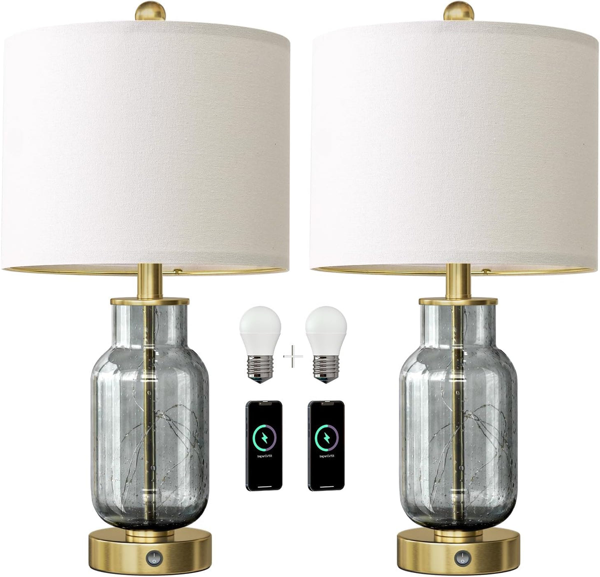 Oneach 22" Glass Table Lamps Set of 2 with LED Nightlight for Bedroom, Gray