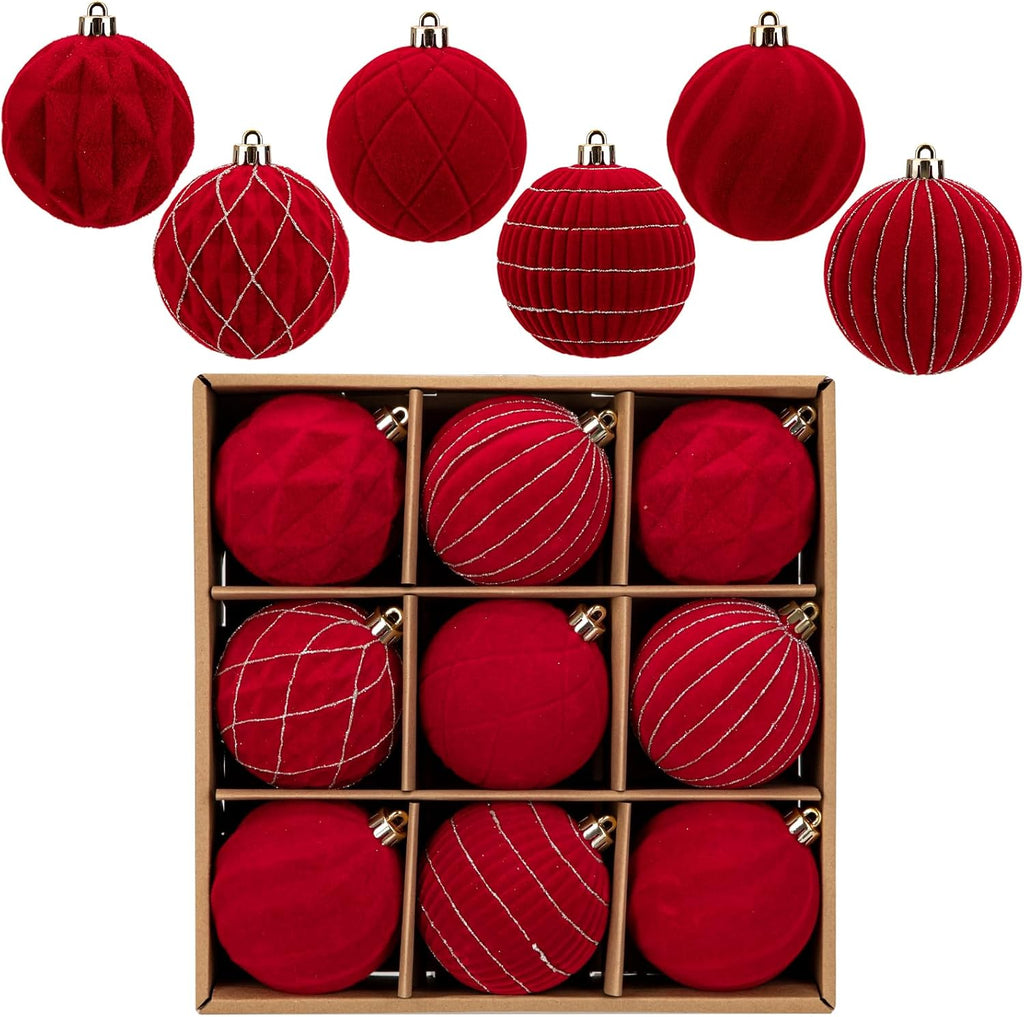 Hollyone Red Velvet Christmas Ornaments Set for Christmas Tree 3.2inch Xmas Ball Ornaments 9Pcs Flocked Balls Xmas Tree Hanging Ornament Decoration Set Shatterproof for Holiday Party Wreath Home Decor