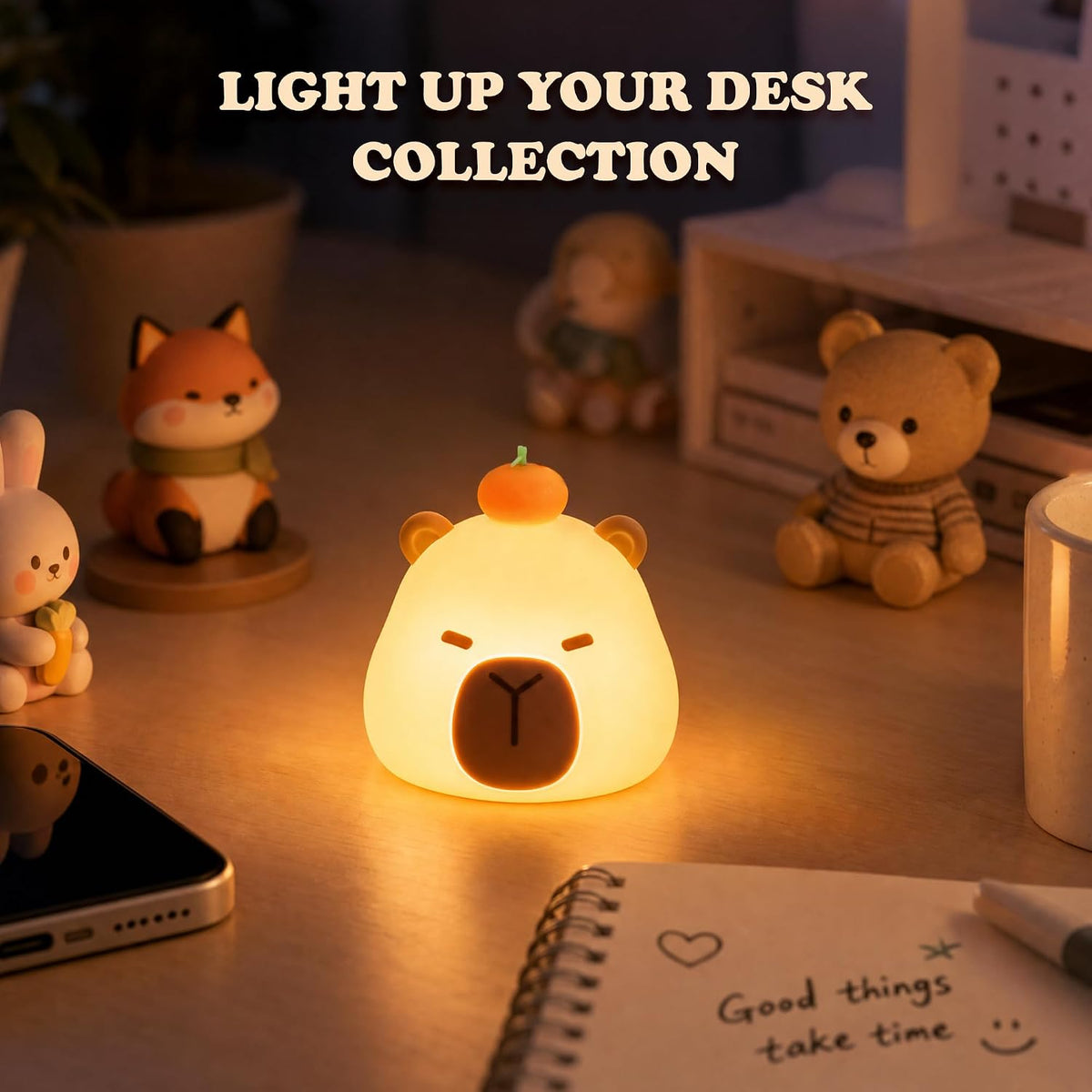UNEEDE Mini Capybara Night Light with Lanyard, 8 Color Changing Rechargeabl