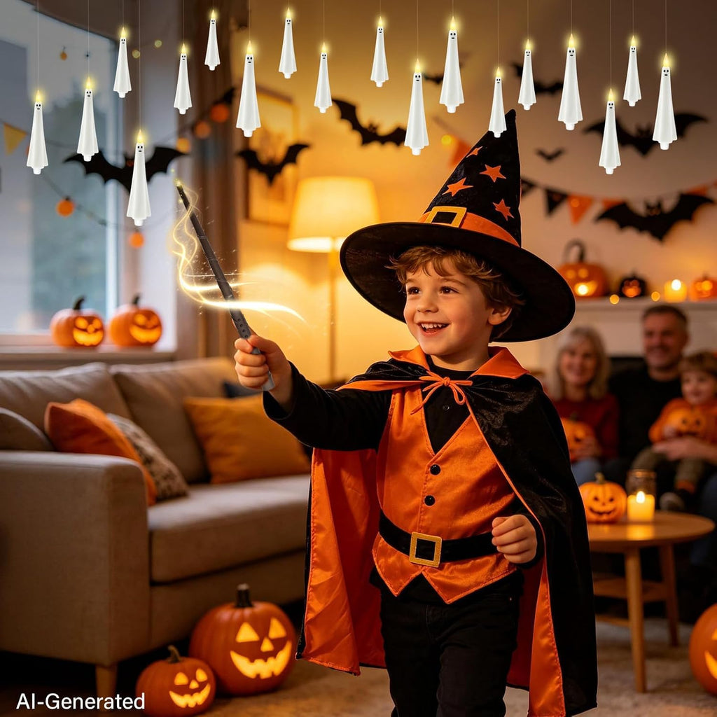 12 Pcs Halloween Ghost Flameless Floating Candles with Wand Remote Timer, Battery Operated LED Taper Candles for Hanging or Candelabra, Halloween Home Decor(White)