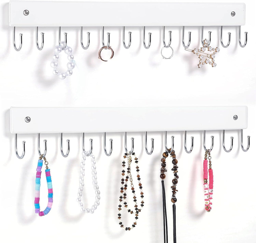 2 Pack Wall Necklace Organizer, Wooden Jewelry Holder, White, 24 Hooks