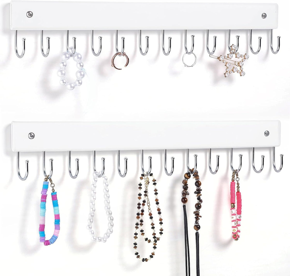 2 Pack Wall Necklace Organizer, Wooden Jewelry Holder, White, 24 Hooks