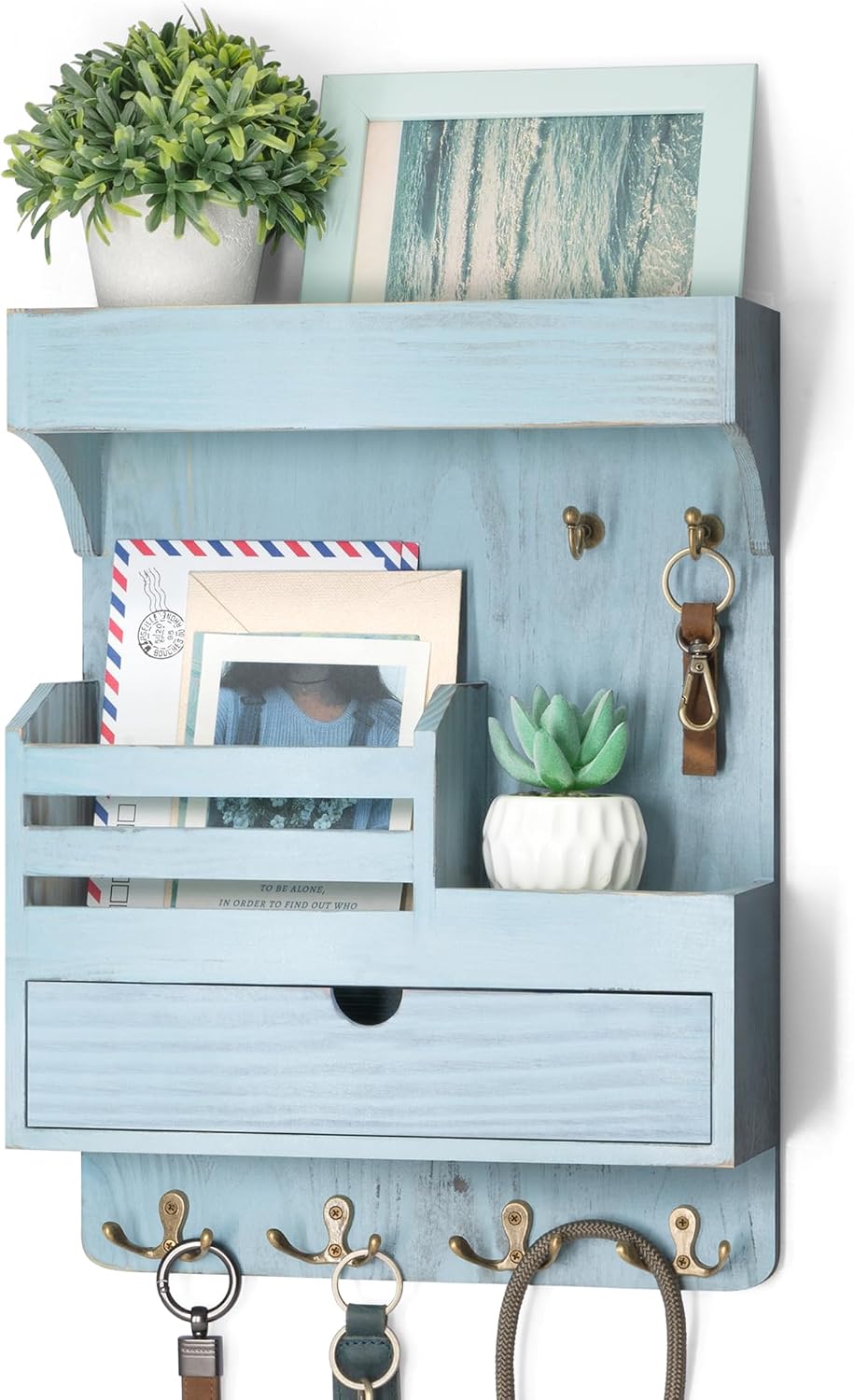Rebee Vision Key Holder Wall Mount with Drawer & Shelf for Entryway, Blue