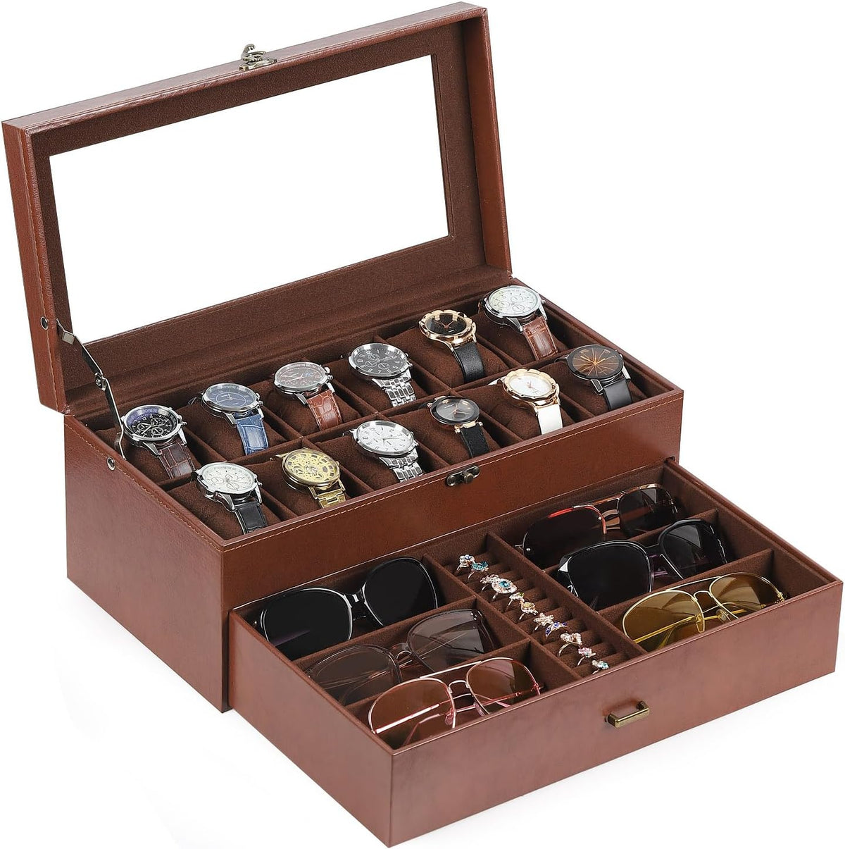 AUTOARK Leather & Velvet Watch Box & Sunglass Organizer,Coffee,MKAW041