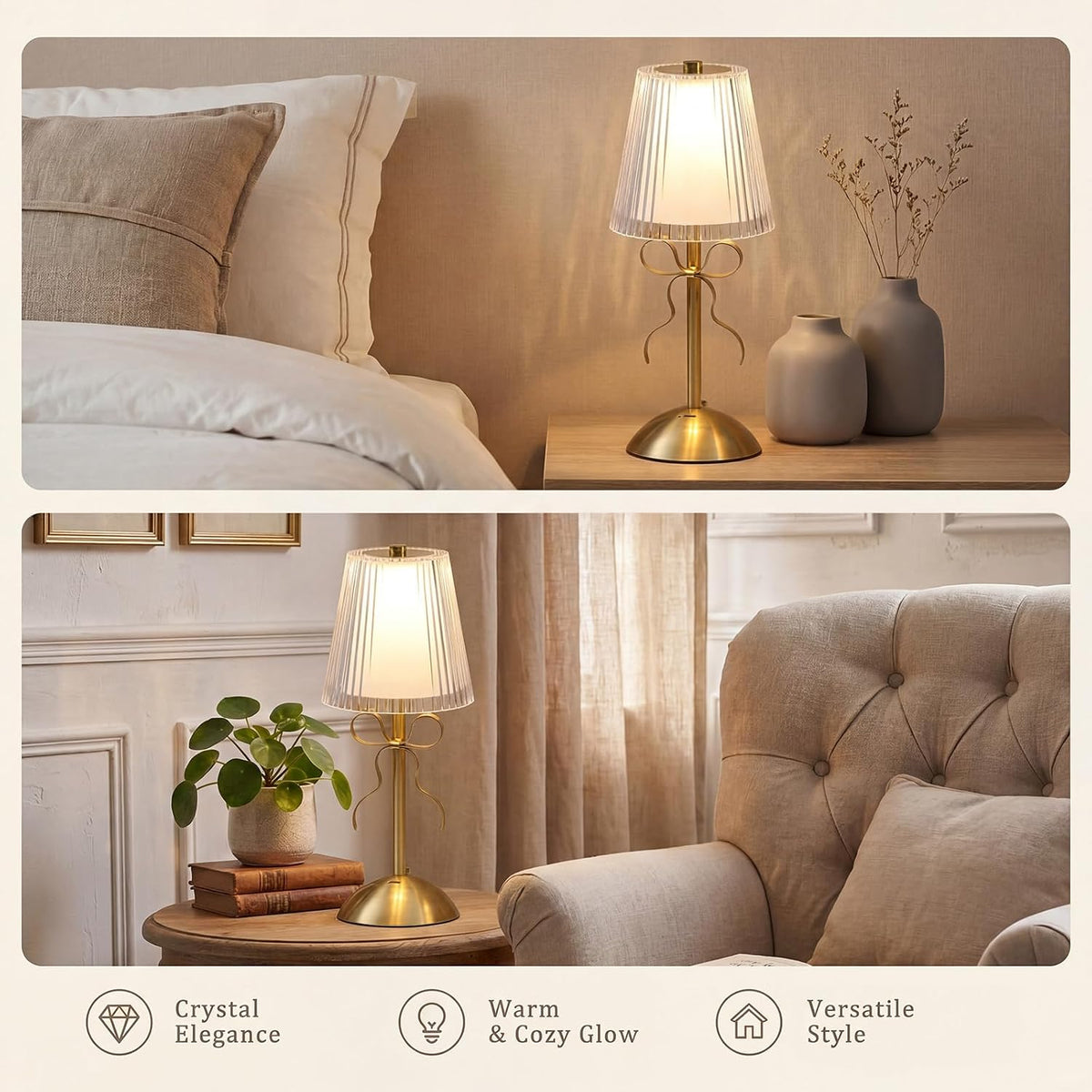 Liliful 2 Pcs Cordless Table Lamp LED Touch, Gold, Hollow Lined Style Bow