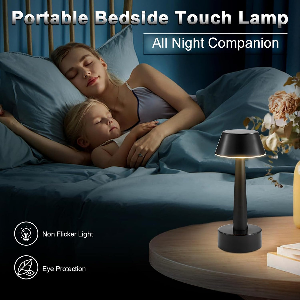 2 Pack Small Cordless Table Lamp for Restaurant, Black Metal Lamp