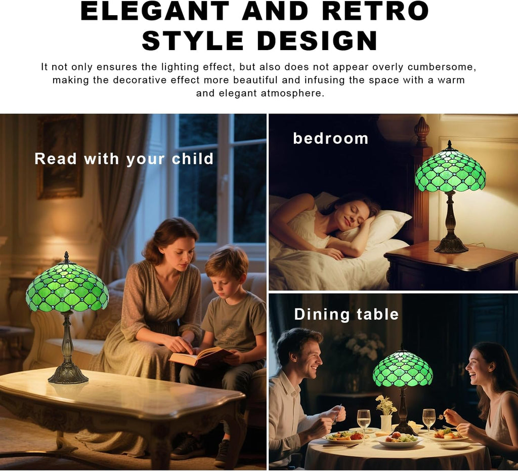Stained Glass Table Lamp, Green Pearl Style, 12X12X19 Inch