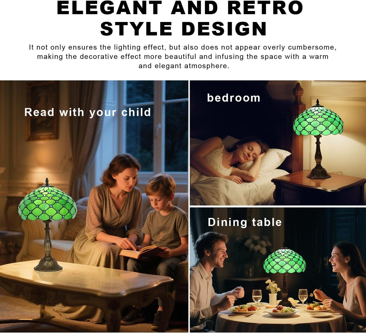 Stained Glass Table Lamp, Green Pearl Style, 12X12X19 Inch