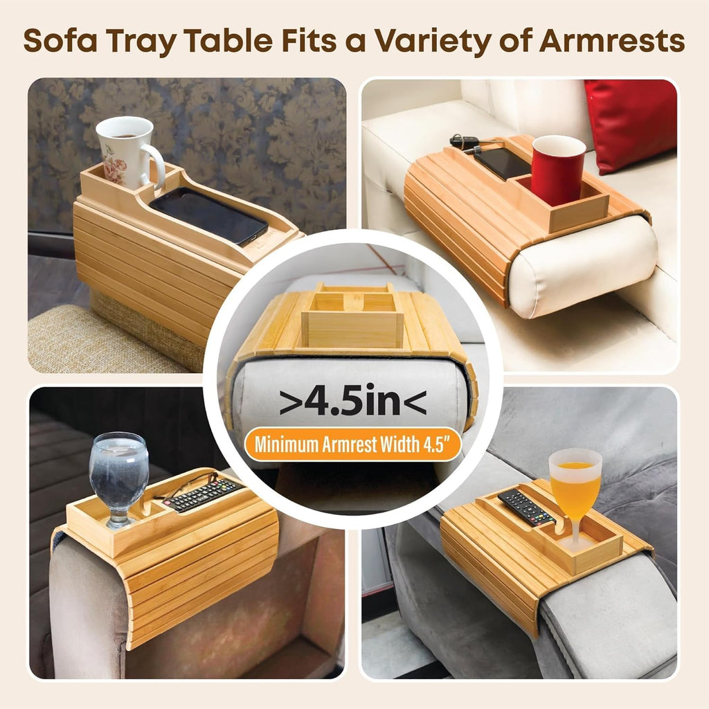 Bamboo Sofa Armrest Tray Table - Foldable Couch Cup Holder,Anti-Slip Side Table Armrest Clip Tray, Multifunctional Couch Organizer, Drink Snack Remote Control Holder