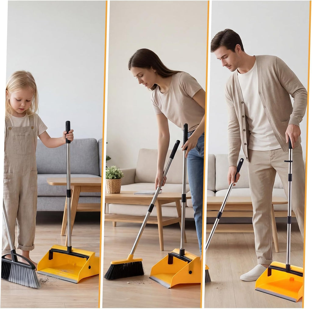 Didaey 3 Pcs Commercial Dustpan with Comb 38” Long Handle Upright Heavy Duty Dust Pan Outdoor Indoor for Courtyards Garages Lobby Mall Market Market Floors Office Pet Hair Rubbish Cleaning (Yellow)
