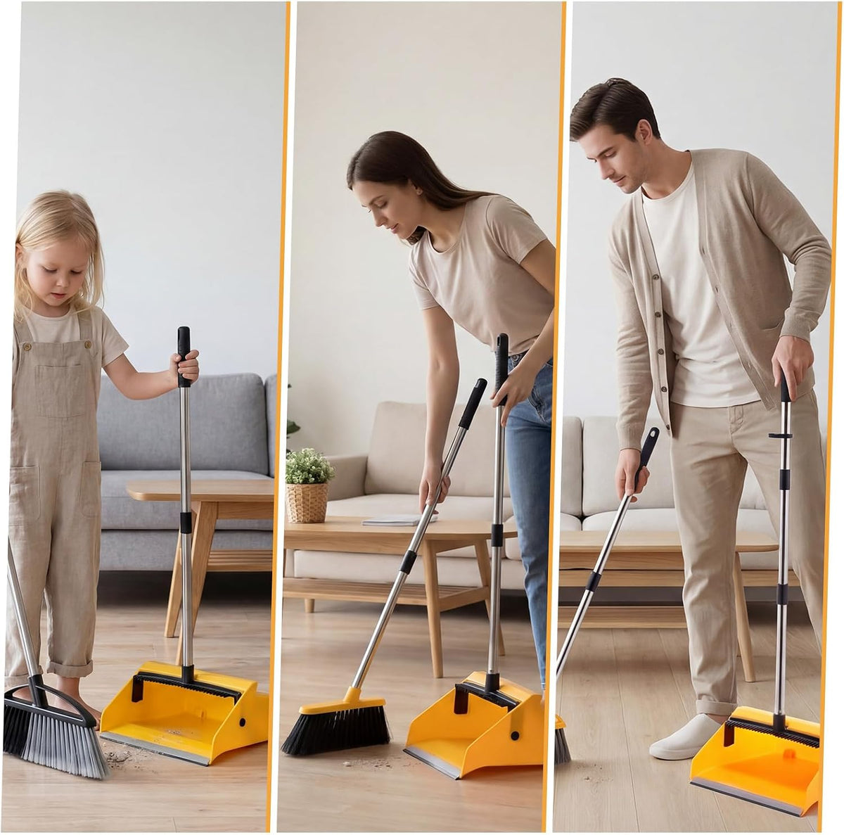 Didaey 3 Pcs Commercial Dustpan with Comb 38” Long Handle Upright Heavy Duty Dust Pan Outdoor Indoor for Courtyards Garages Lobby Mall Market Market Floors Office Pet Hair Rubbish Cleaning (Yellow)