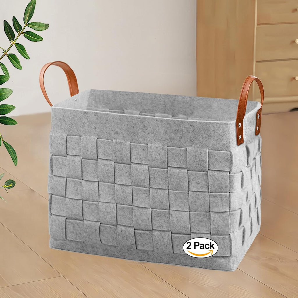 boldmonkey Blankets Basket 15 " x13 x11 2 Pack, Large Storage Baskets for Organizing Rectangular, Living Room Dog Toy Bin for Dirty Clothes, Pillows, Towel-Light Gray