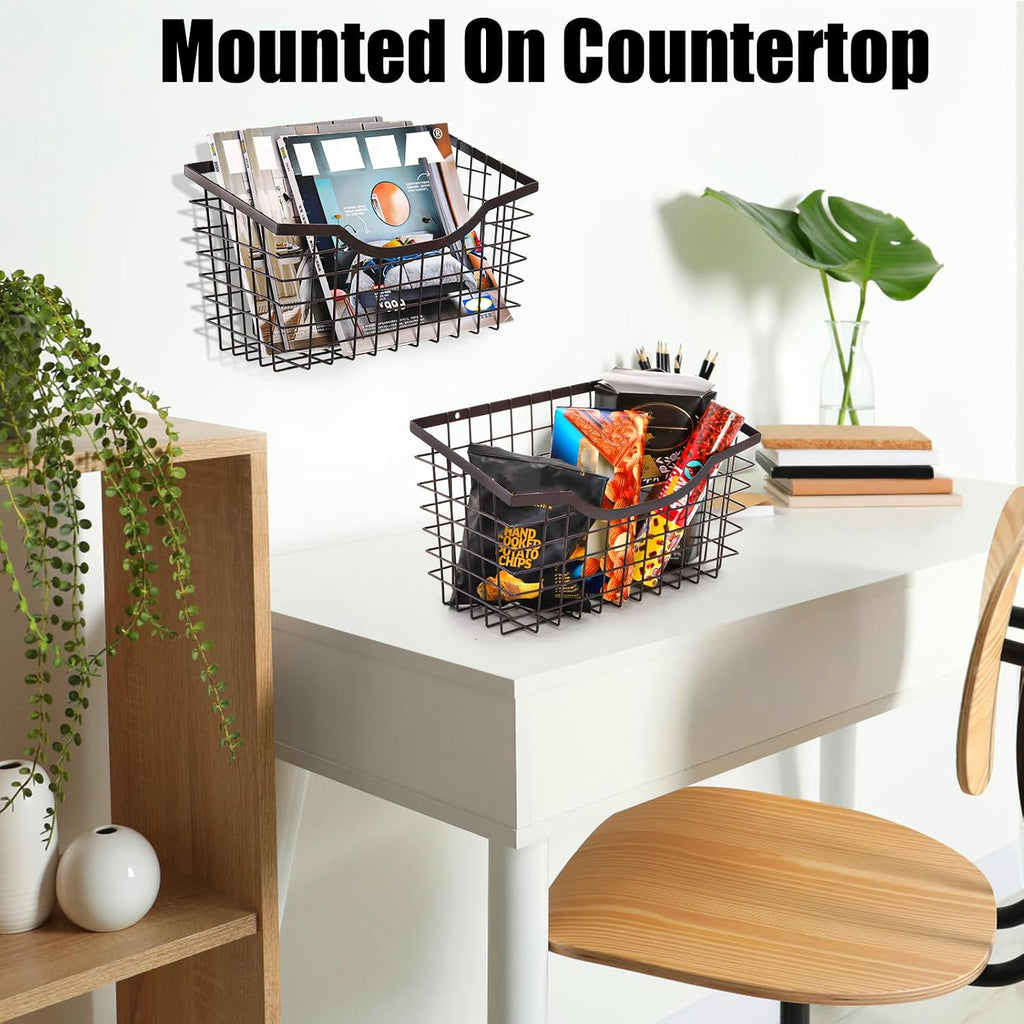 Nicunom 2 Pack Cabinet & Wall Mount Basket, Large Metal Wire Basket Wall Mount Hanging Basket Over Cabinet Door Organizer Bin Grid Storage Baskets for Home Kitchen Bathroom Pantry, Bronze
