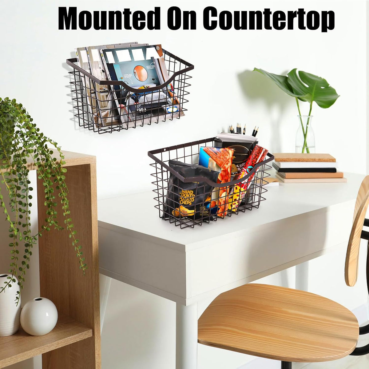 Nicunom 2 Pack Cabinet & Wall Mount Basket, Large Metal Wire Basket Wall Mount Hanging Basket Over Cabinet Door Organizer Bin Grid Storage Baskets for Home Kitchen Bathroom Pantry, Bronze