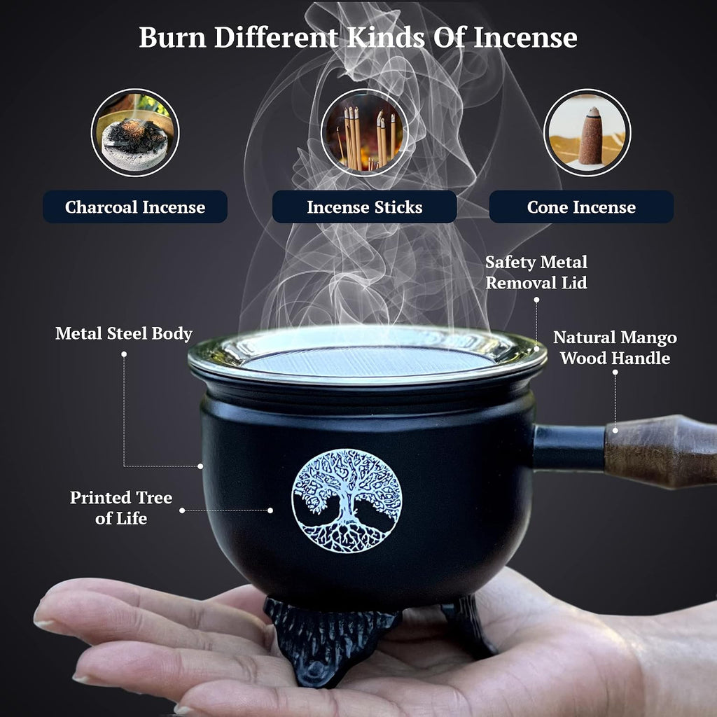 Large Metal Charcoal Incense Burner with Wooden Handle (Tree of Life)