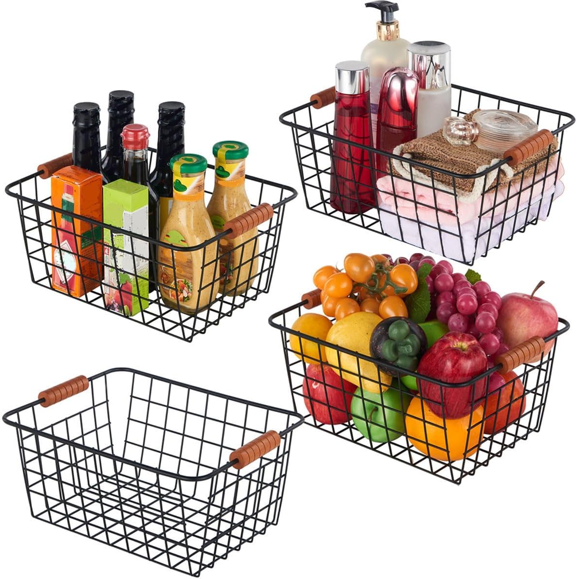 JUNCHU CHERRY Wire Kitchen Storage Basket with Wooden Handle 4 Packs,Black