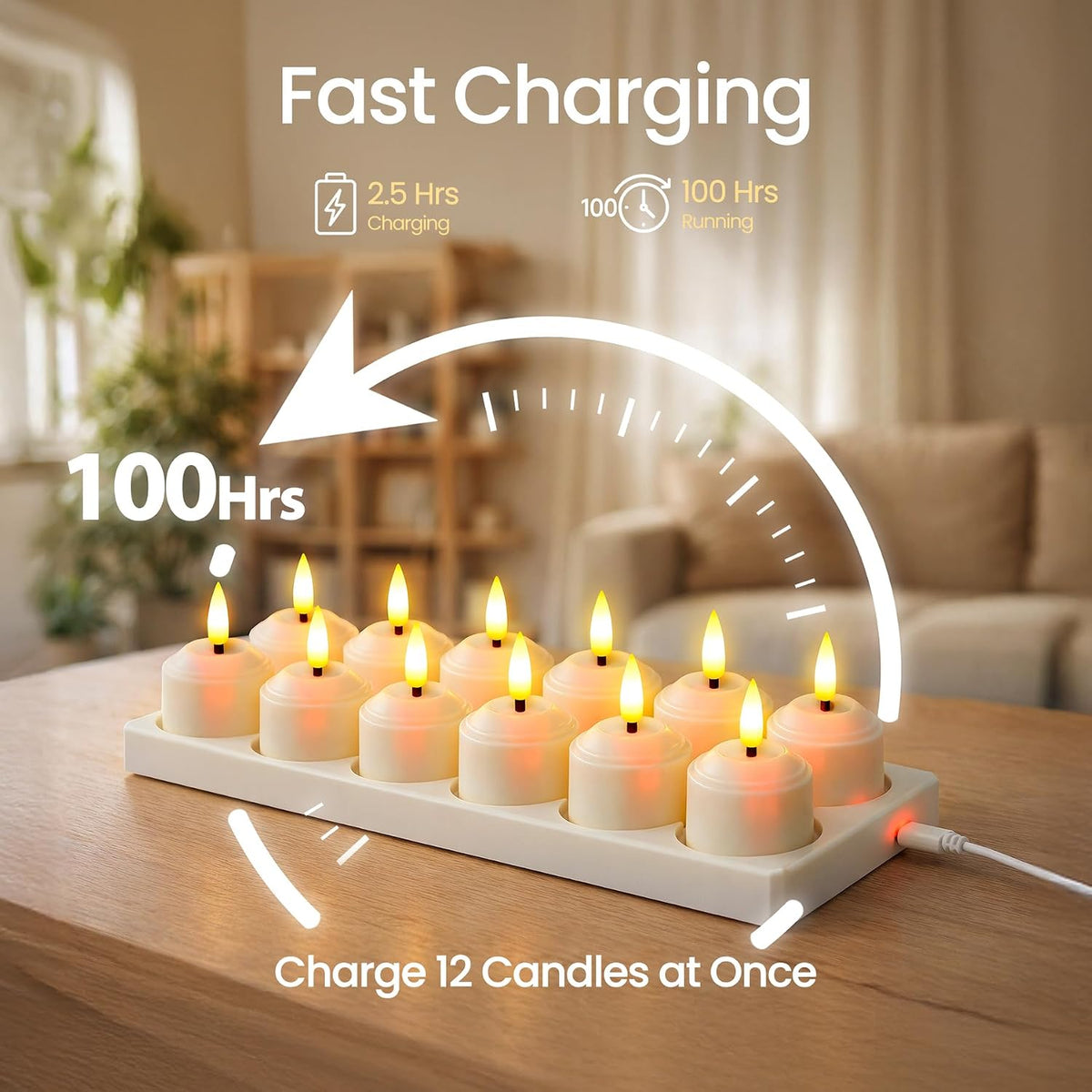 Rechargeable LED Set of 12 Tea Light Remote Candles with Charging Station, Ivory Base Timer Flameless Flickering Plastic Votive 1.6" x2.2" Tealights (2.5 Hrs Fast Charge, 100 Hrs Long Lasting)
