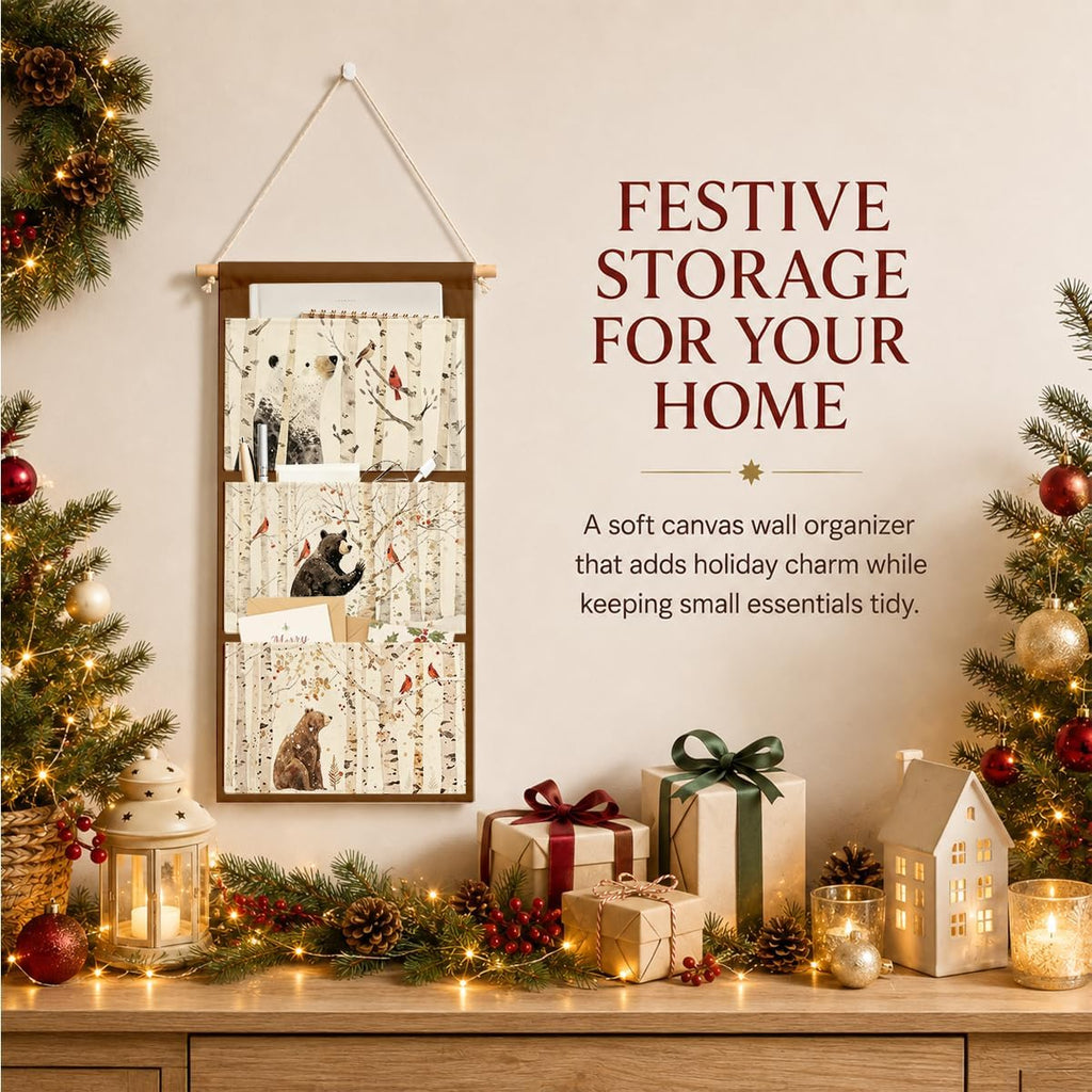 IAXIC Christmas Decor Bear Cardinal Bird Canvas Wall Art Hanging Organizer
