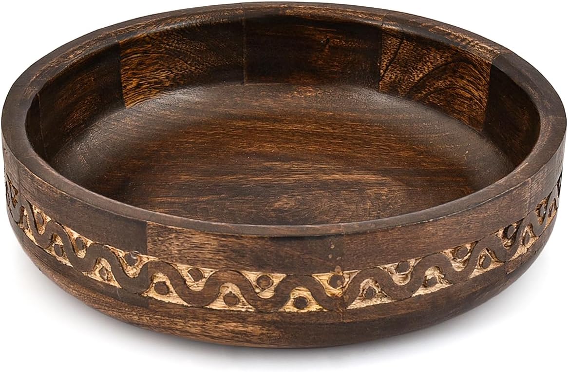 Salad Bowl Mango Wood Handcrafted Round Wooden Bowl for Salad, Vegetables & Decorative Centerpiece – Elegant Rustic Kitchen & Dining Table Décor (10" X 10" X 2.5")