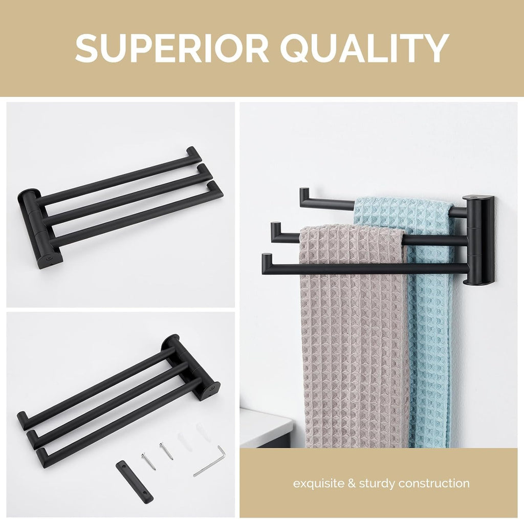 Angle Simple Kitchen Towel Rack, Swivel 3 Bars, Matte Black, 9.84"