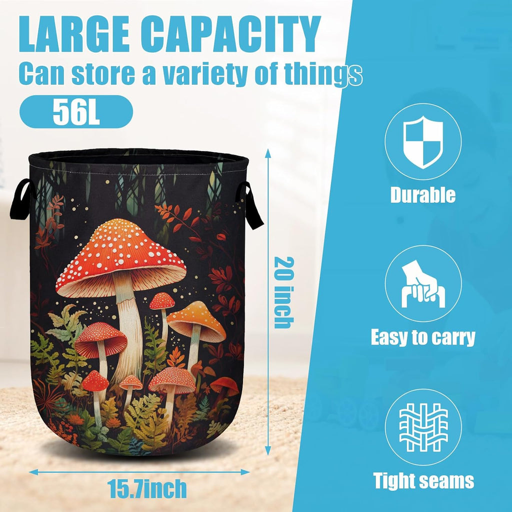 Mushrooms Forest Laundry Basket, Laundry Hamper Collapsible Oxford Cloth with Handle Clothes Storage Bin for Bathroom Laundry Room Bedroom 15.7 X 20 Inch