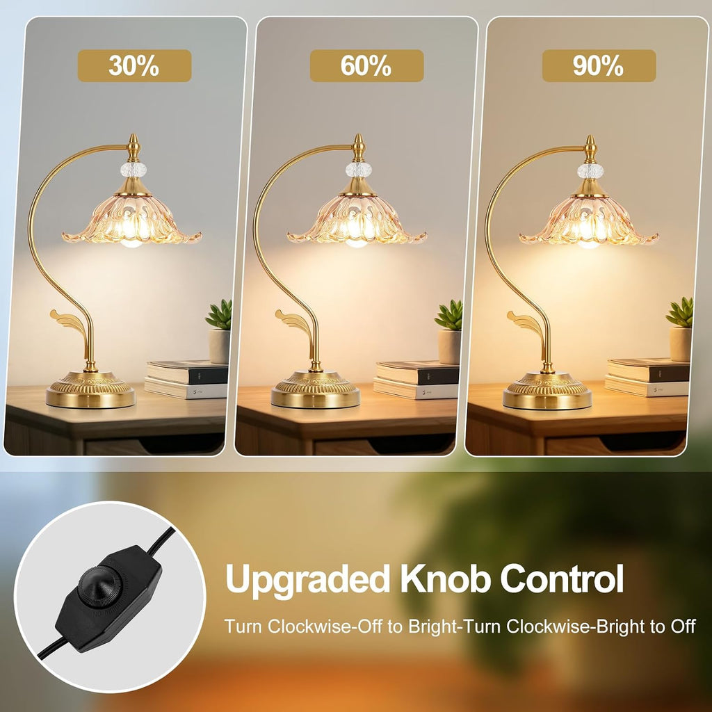 Vintage Floral Table Lamp, Plug in Mid-Century Modern Desk Lamp with Amber Glass Shade, Gold Bedside Table Lamp Dimmable for Bedroom Living Room Home Office, E26 Base, UL Listed