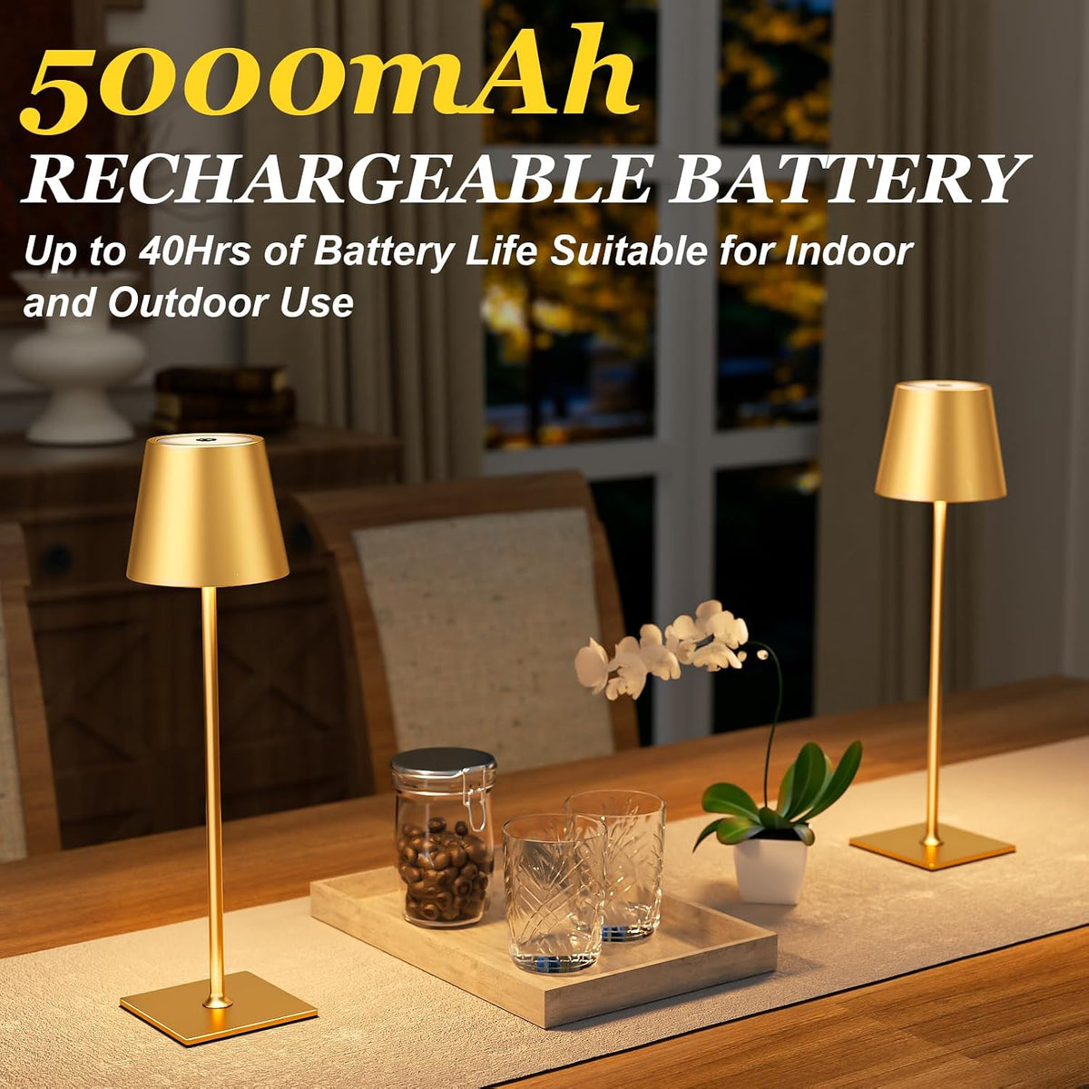 Kakanuo Gold Cordless Rechargeable Table Lamp 5000mAh Battery Operated Lamps, 3 Colors Stepless Dimming Touch Lamp for Living Room, Kitchen Counter, Dining, Outdoor Patio, 2 Pack