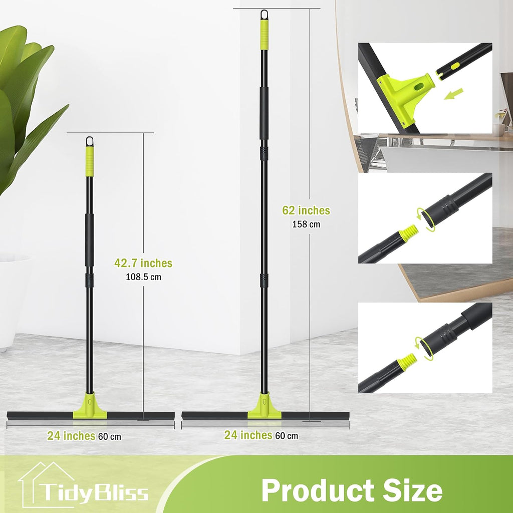 TidyBliss 24” Wide Floor Squeegee Broom Heavy Duty with 62” Long Handle