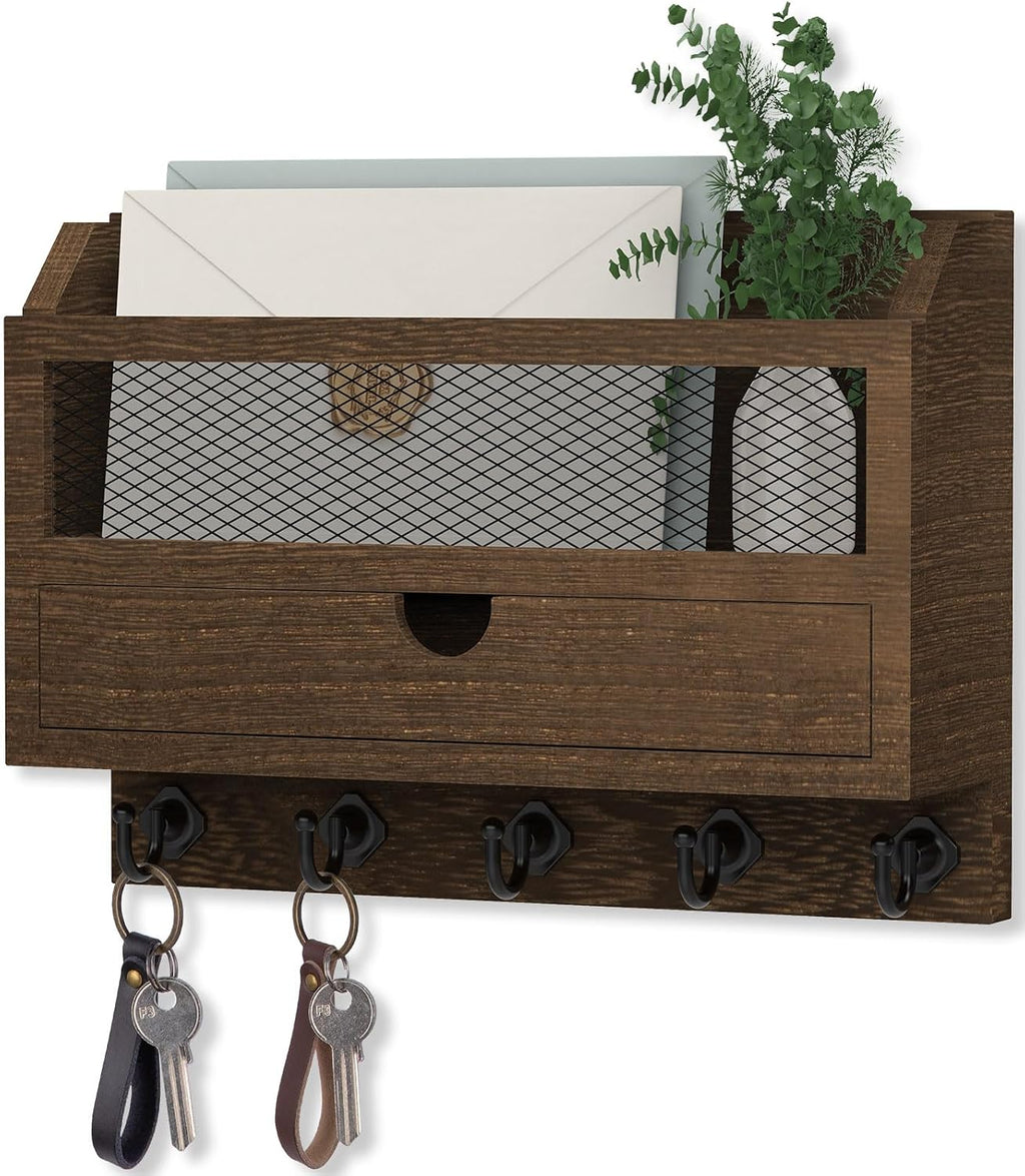 Nekon Key and Mail Holder for Wall, Key Organizer with Drawer, Brown