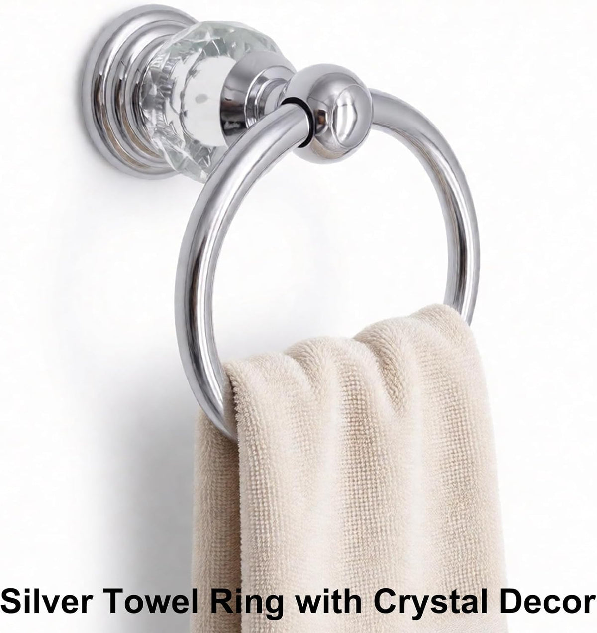 Silver Towel Ring with Crystal, Round Hand Towel Holder for Bathroom