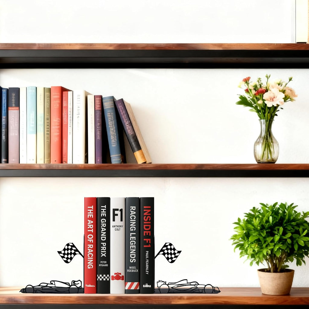 F1 Bookends – Metal Decorative Book Ends for Shelves, Racing Car Decor, Cute & Unique Bookshelf Accessories, Desk Accessories, Book Stopper