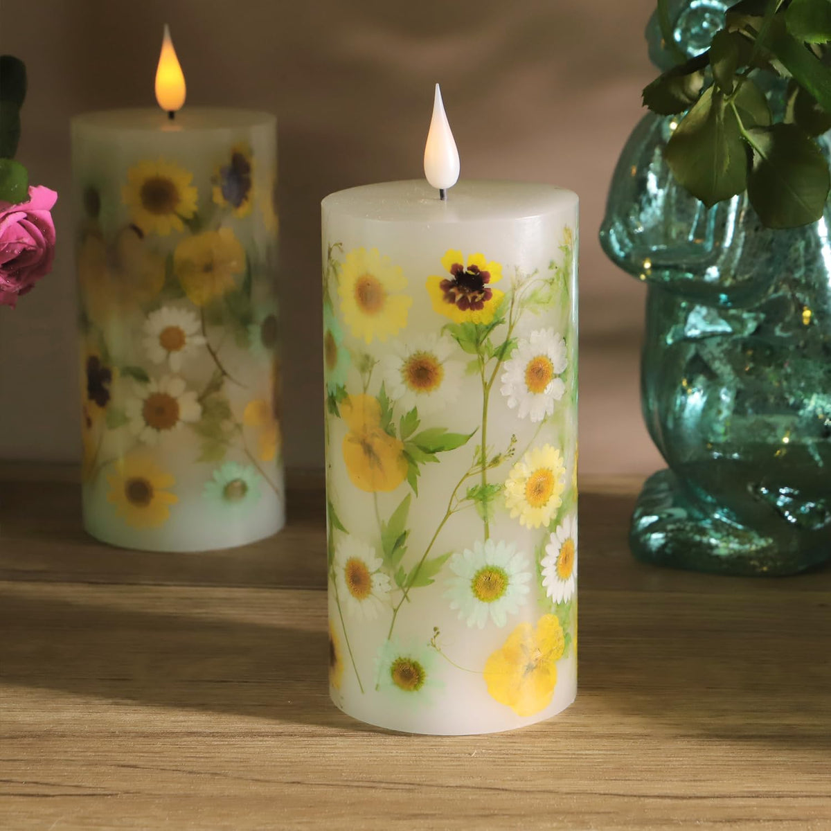 Spring Flameless Candles 3"x6" Real Wax LED Pillar Candles Real Daisy Floral Battery Operated with Remote Timer Flickering Candles Decor for Easter Mothers Day Home Table Mantel Indoor Decor