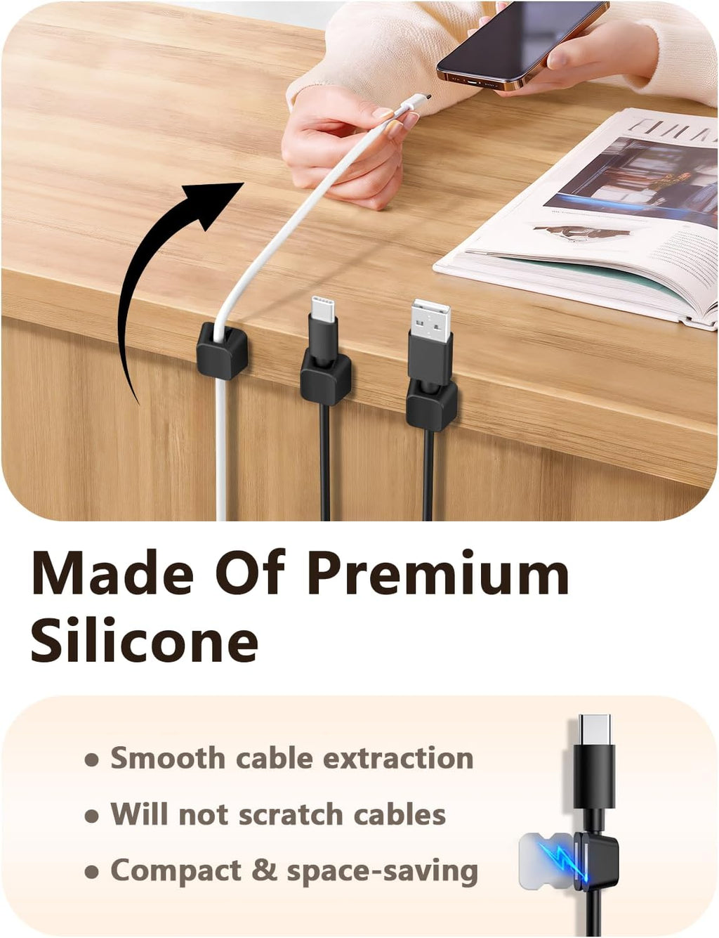 Viaky 8 Pack Magnetic Cord Holder,Black Cable Clips for Desk,Home,Office
