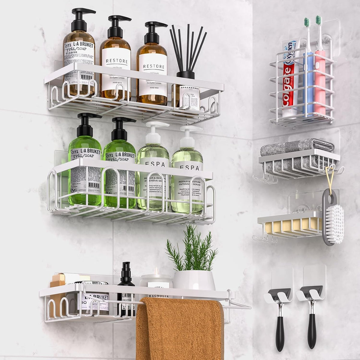 DTUQYX Shower Caddy 18 Pack,Adhesive Organizer for Bathroom Decor Accessories & Kitchen Storage,No Drilling,Large Capacity,Rustproof Stainless Steel Organizer,Home Decor Shelves (White 18 Pack)