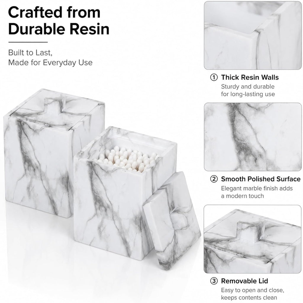 2-Pack Marble Pattern Cotton Swab Holders with Lids, Resin Bathroom Vanity Storage Jars, Square Qtip Containers for Cotton Balls, Pads, and More (White)