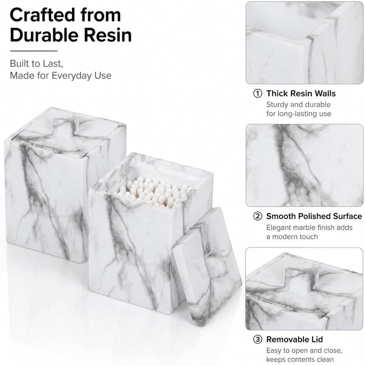 2-Pack Marble Pattern Cotton Swab Holders with Lids, Resin Bathroom Vanity Storage Jars, Square Qtip Containers for Cotton Balls, Pads, and More (White)
