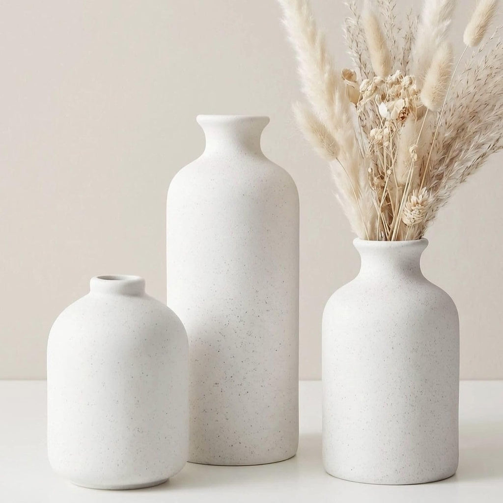 Small White Ceramic Vase Set of 3,Modern Boho Farmhouse Flowers Vases