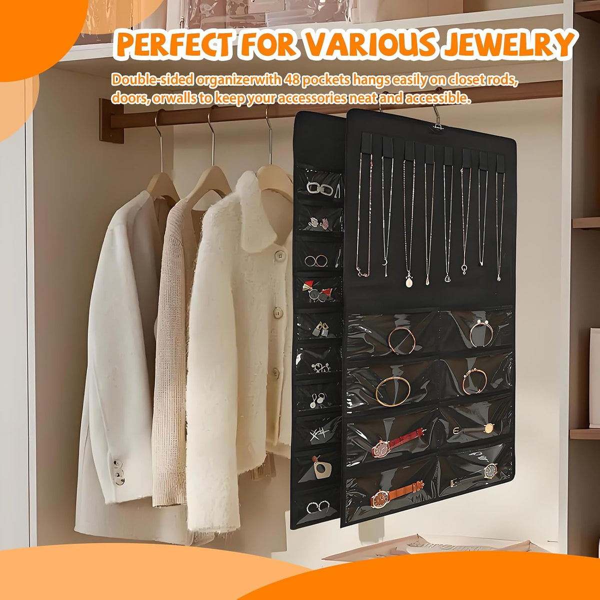 48 Pockets Hanging Jewelry Organizer with Necklace Straps