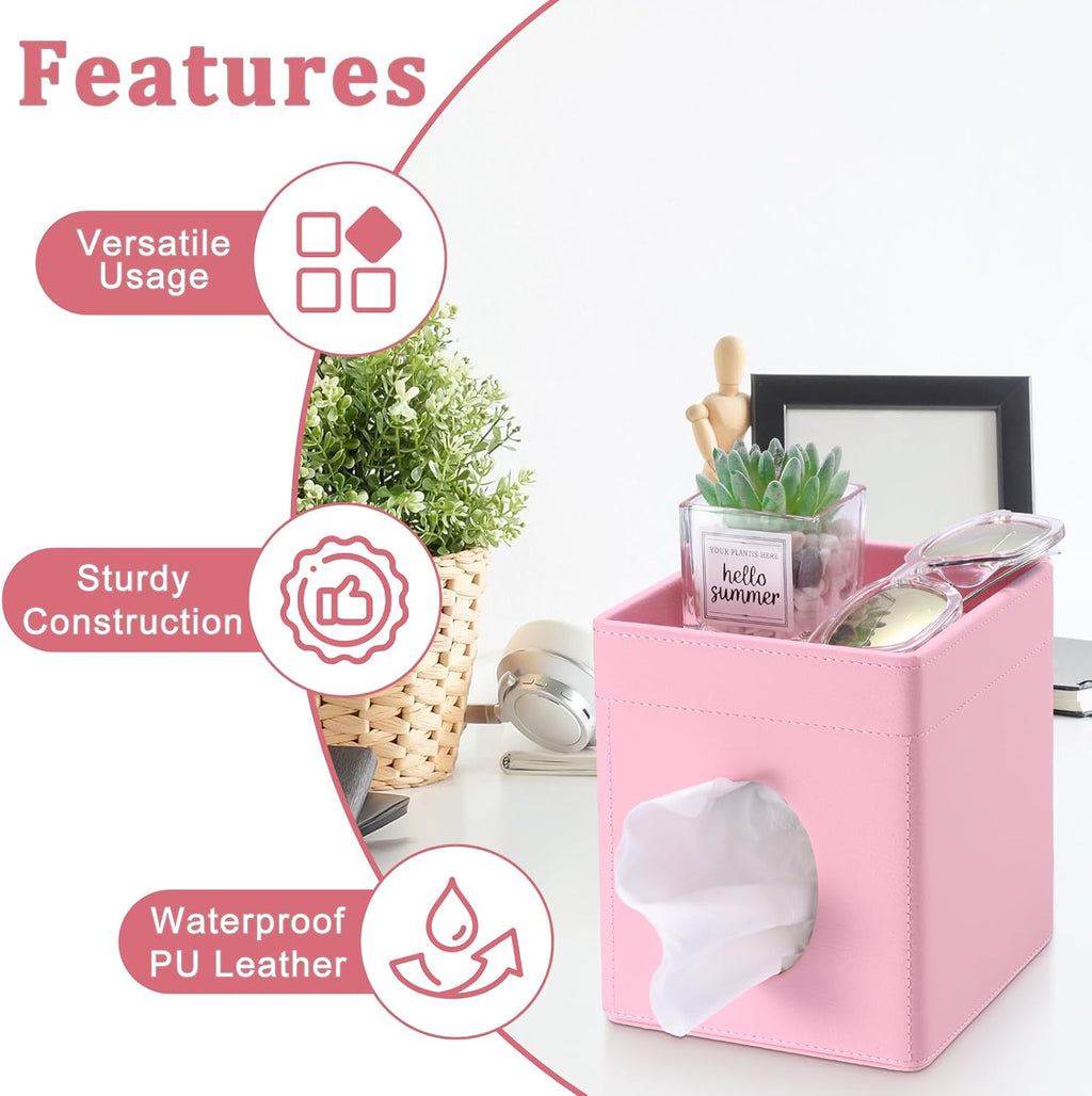 Sumnacon Square Tissue Box Cover with Storage Tray,Tissue Box Holder,Pink