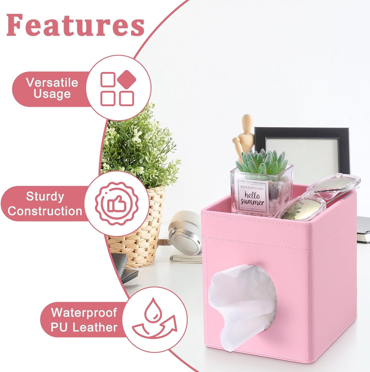 Sumnacon Square Tissue Box Cover with Storage Tray,Tissue Box Holder,Pink