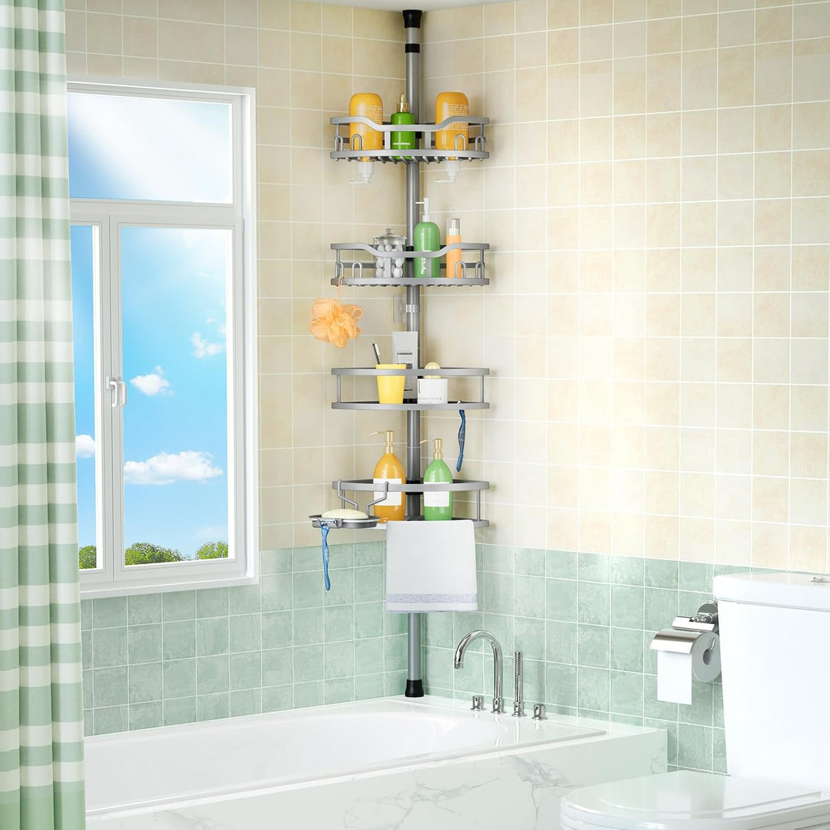 HAMITOR Corner Shower Caddy Tension Pole: Rustproof Stable 4-Tier Bathroom Organizer Shelves for Bathtub Shampoo Storage - 47-121 Inch Quick Install Adjustable Shelf with Soap Rack - Silver Gray