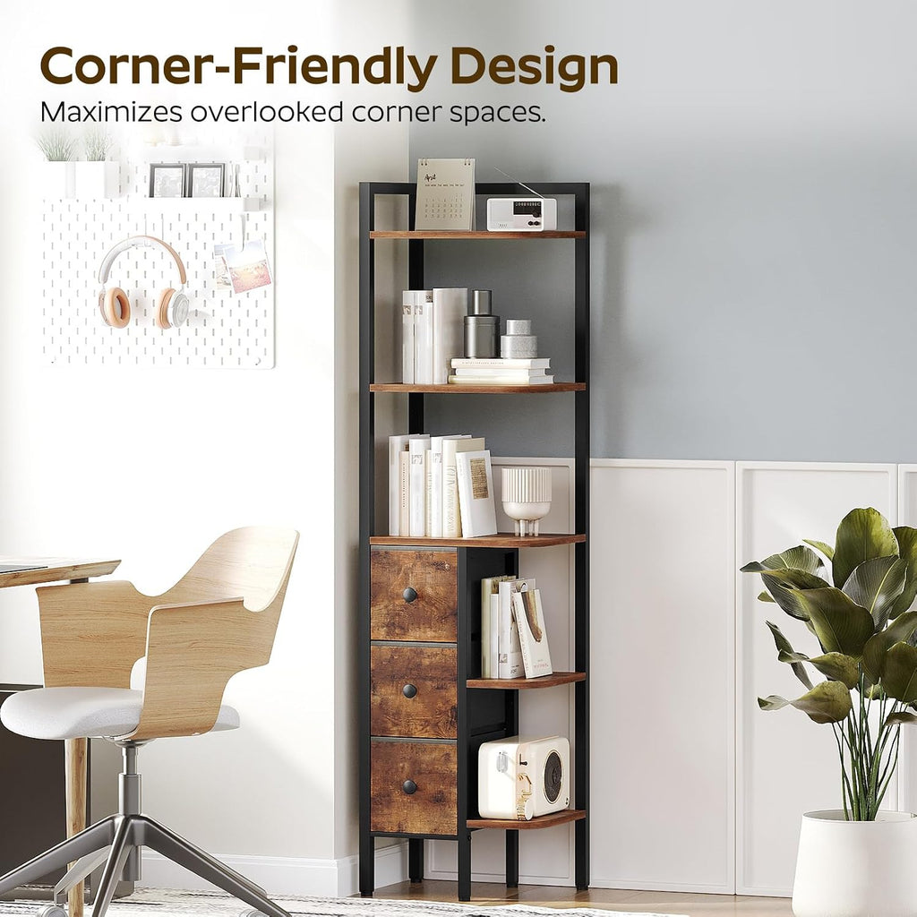 YATINEY Corner Shelf Stand, 5-Tier Corner Bookshelf with 3 Drawers, Industrial Display Shelf for Narrow Spaces, Wooden Small Bookcase, Easy Assembly, Rustic Brown and Black CJ10BR