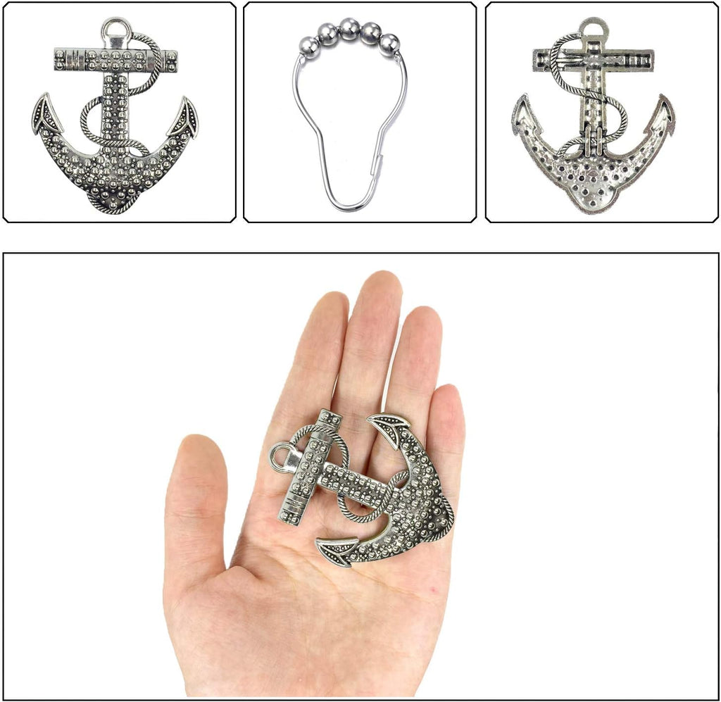 Set of 12 Anchor Shower Curtain Hooks Decorative Home Bathroom Nautical Ocean Boat Sailing Tropical Beach Island Coastal Bath Theme Style Stainless Steel Rustproof (Silver)