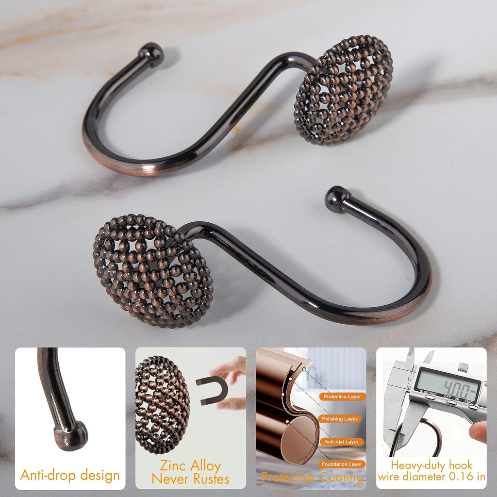 Pearlbee Bronze Shower Curtain Hooks, 12pcs,