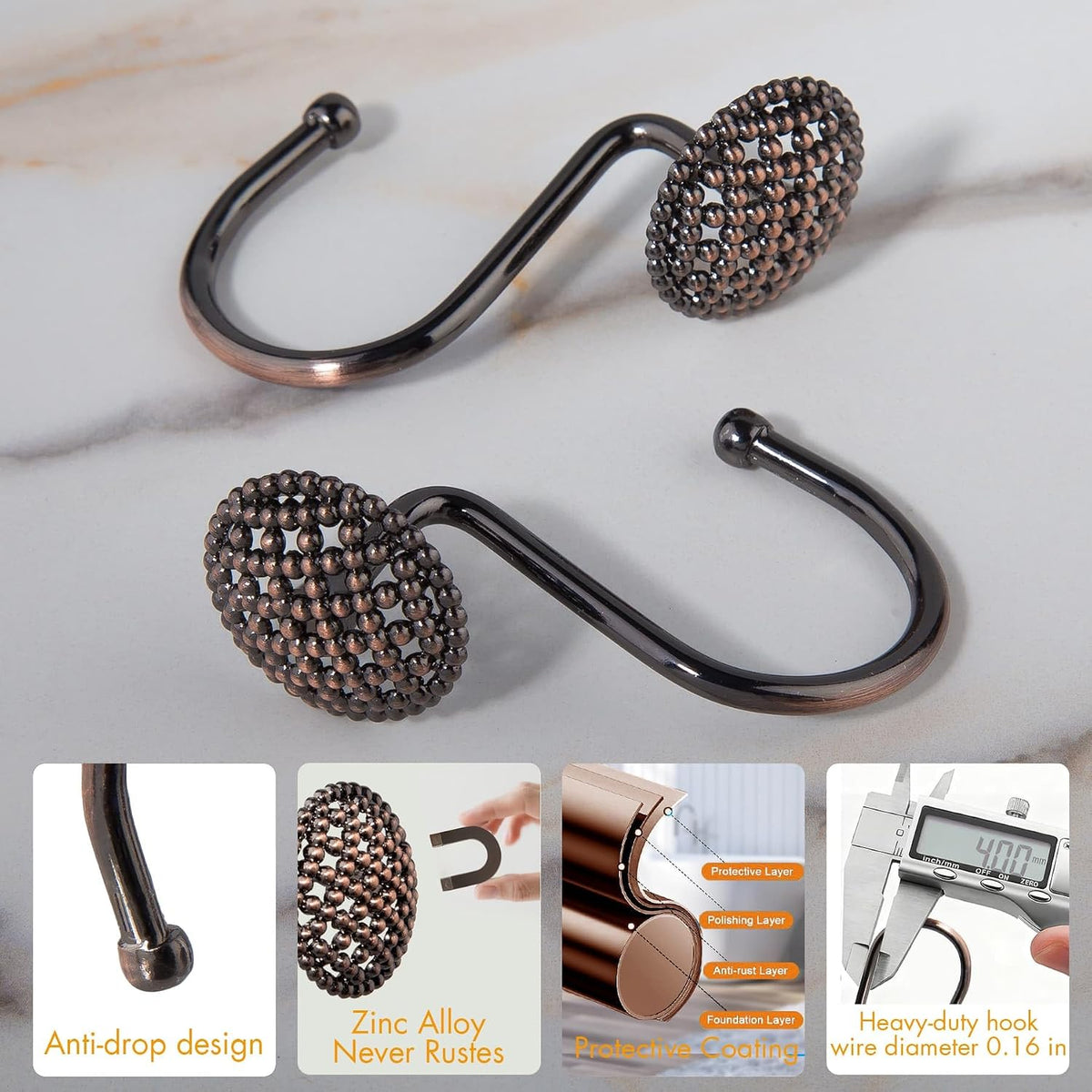Pearlbee Bronze Shower Curtain Hooks, 12pcs,