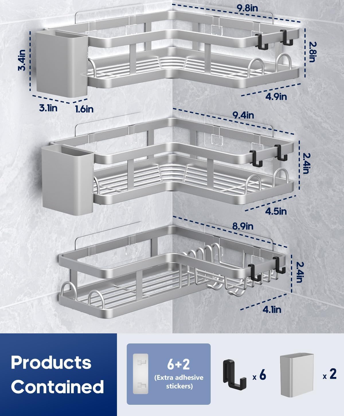 3 Pack Corner Shower Shelves, Rustproof Shower Organizer Caddy
